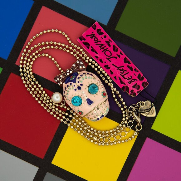 Betsey Johnson Sugar Skull Necklace | Pearl Accent & Rhinestone Eyes | Statement - Picture 7 of 7